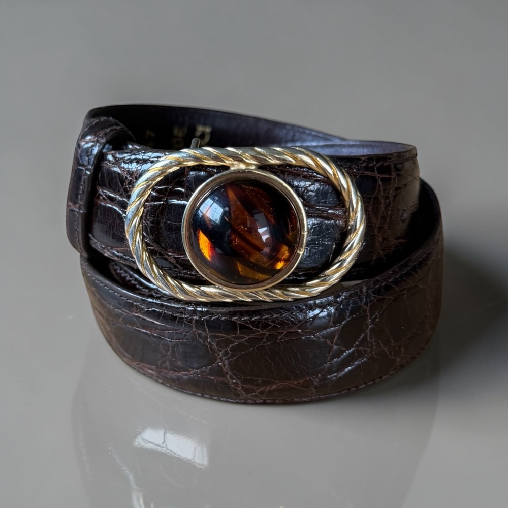 GUCCI VTG Crocodile Embossed Amber Jewel Brown Leather Belt Size Large - Picture 2 of 15